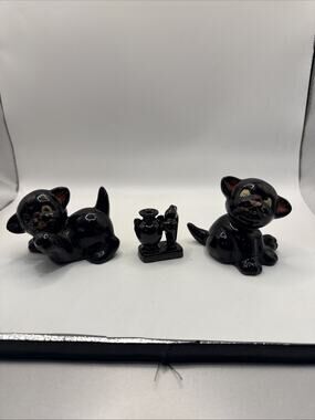 Vintage Mid-Century RedwareCeramic Black Cat Figurines Made In Japan A Lot Of 3